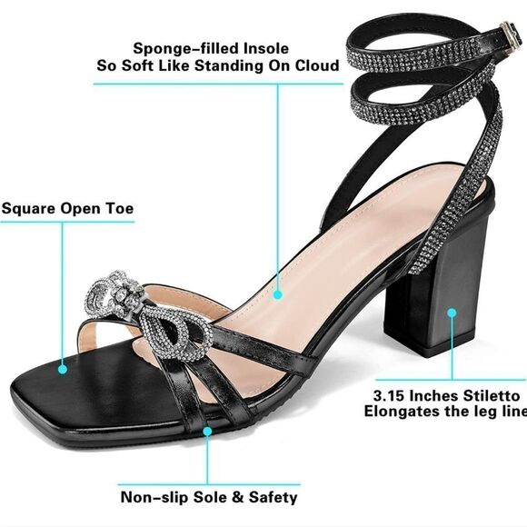 NIB Sparkly Rhinestone Bow & Buckle Ankle Straps Square Toe Chunky Heels - Picture 4 of 14